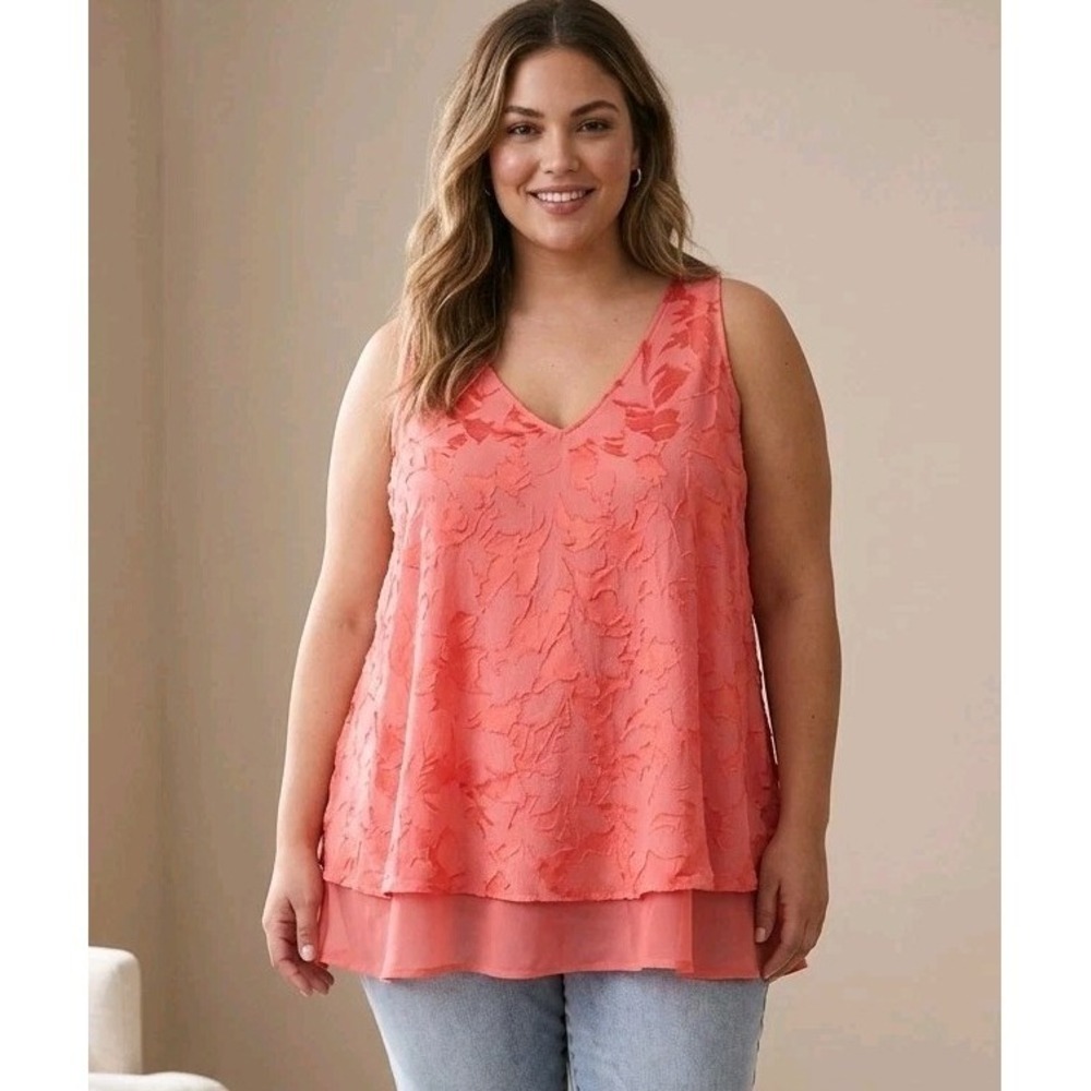 Lane Bryant Tank Top Blouse Plus Size 22 Coral Floral Layered Burnout Textured